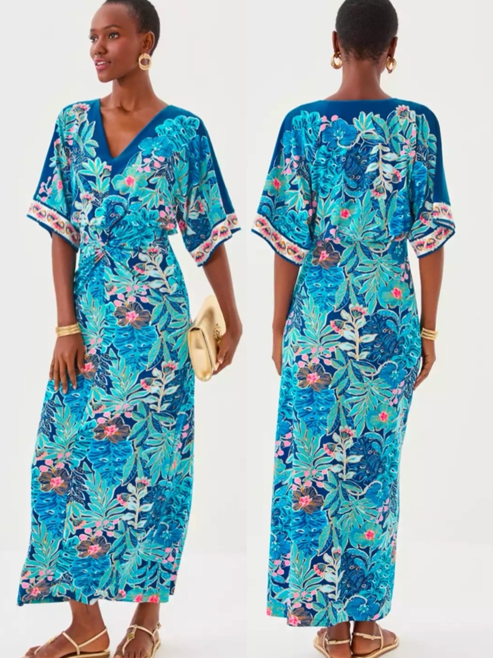 Sz 14 NWT Lilly Pulitzer Adalyn V-Neck Maxi Dress Starlight Navy Best Fronds